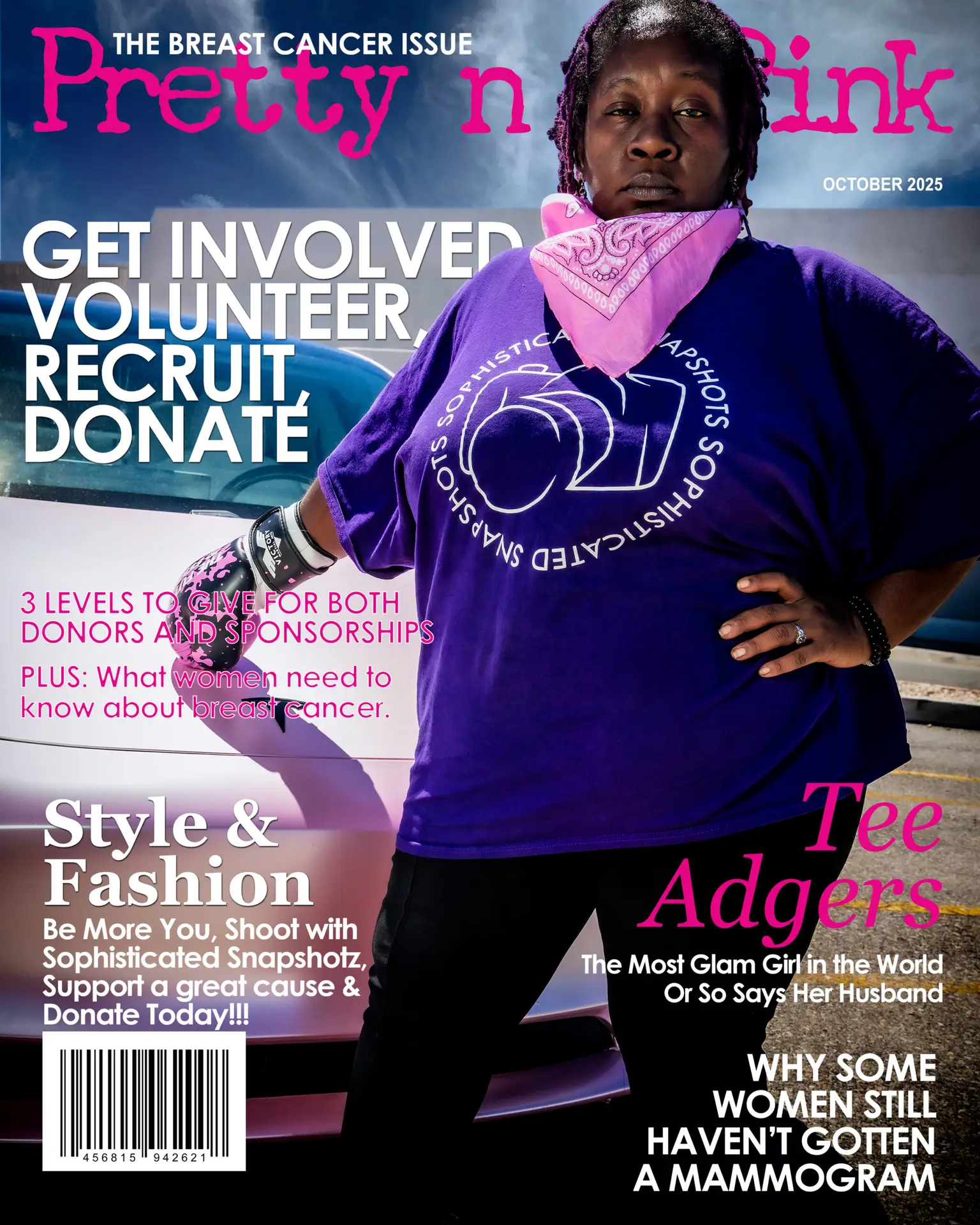 Magazine cover featuring a woman in a purple shirt with text about breast cancer awareness and donations.