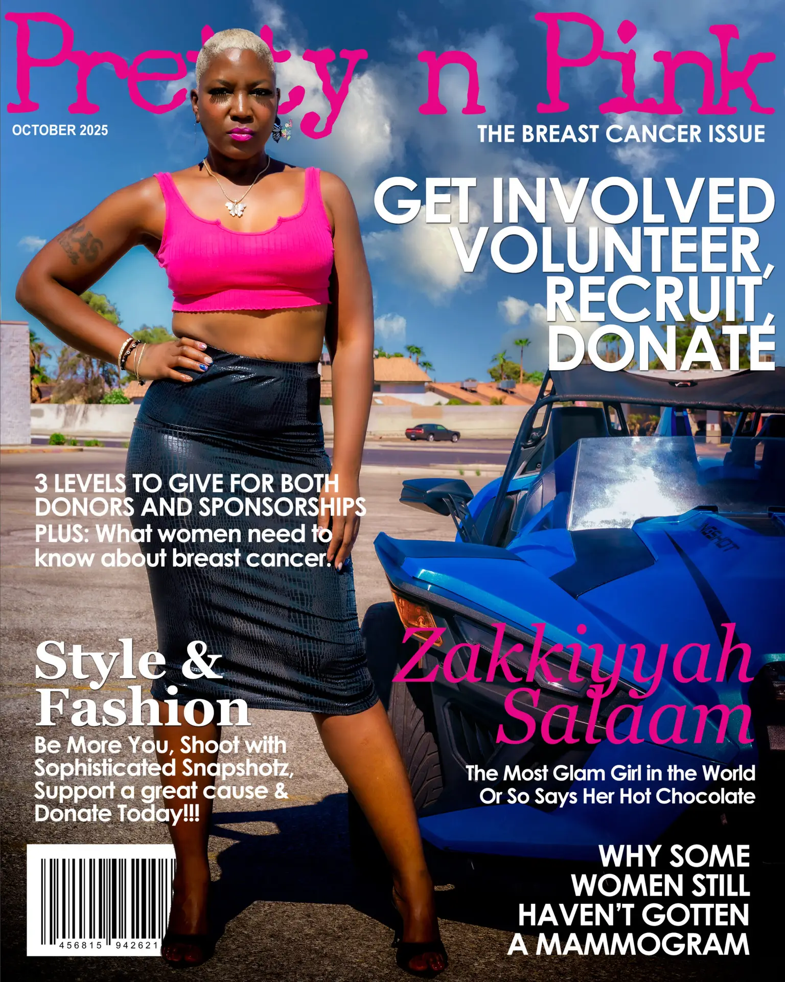 Magazine cover for Pretty n Pink featuring a woman with short hair and a pink outfit, promoting breast cancer awareness.