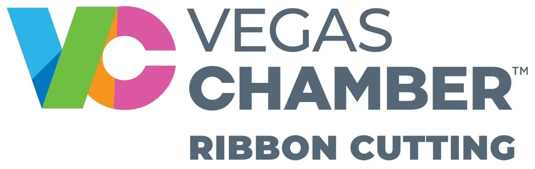 Logo of the Vegas Chamber featuring colorful letters and the phrase 'Ribbon Cutting'.