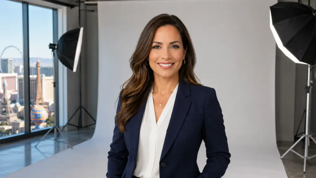 A smiling professional woman in a navy blazer and white blouse stands in a Las Vegas studio with the skyline visible through the window.