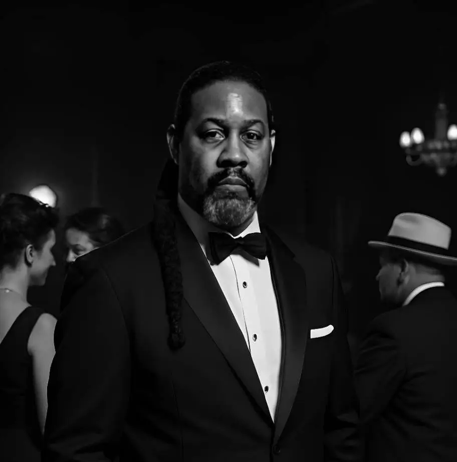 In a black-and-white portrait, Anthony Adgers stands in a tuxedo with bow tie, while guests mingle softly in the background at an elegant event.
